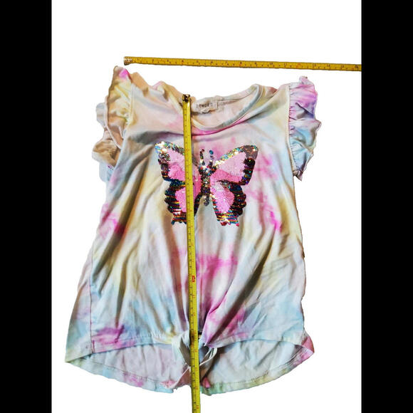 btween Girls Tie-Dye T-Shirt Butterfly Sequin Yellow Pink Tie Bottom Size 7 - Picture 2 of 5